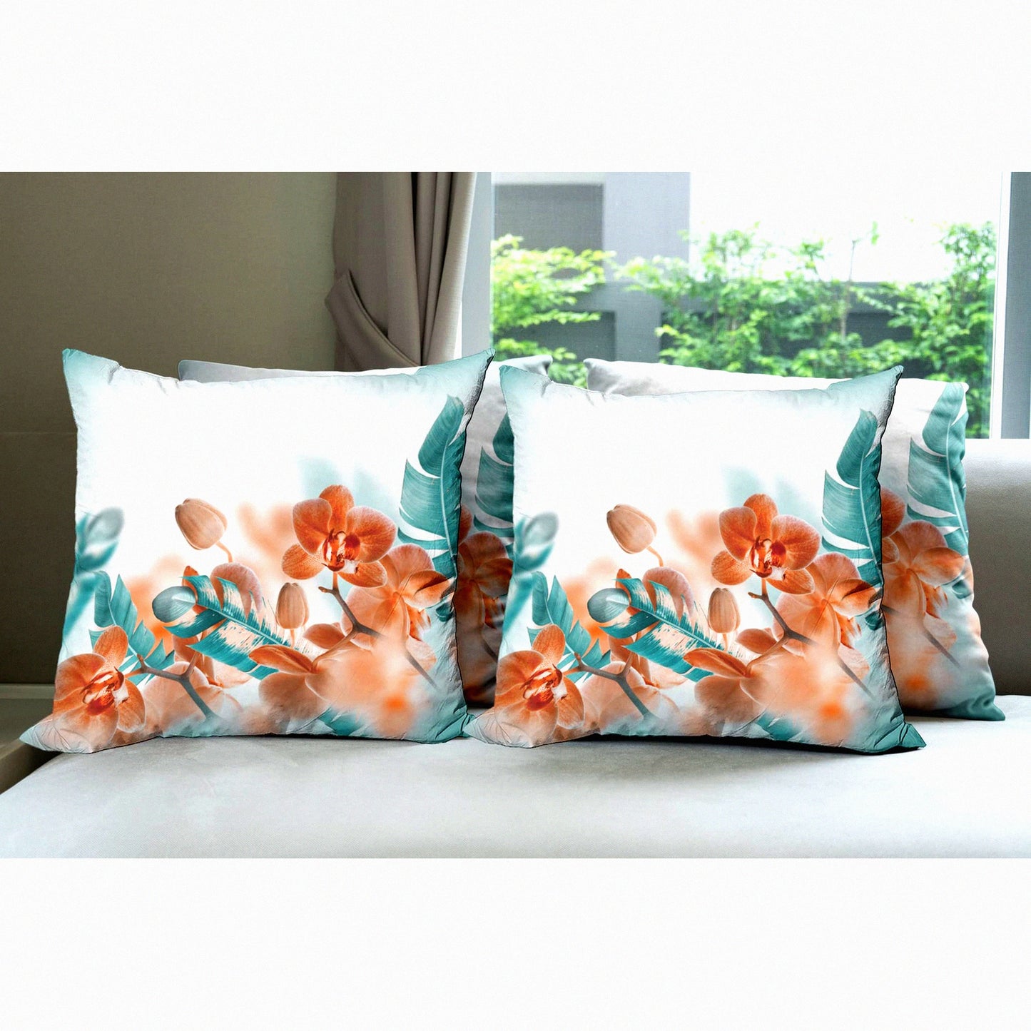 Exotic Orchid Bloom Pillow Set - Tropical Floral Cushion Cover Pack of 4, Modern Art Double-Sided Print, 16" Orange Teal Accent Case