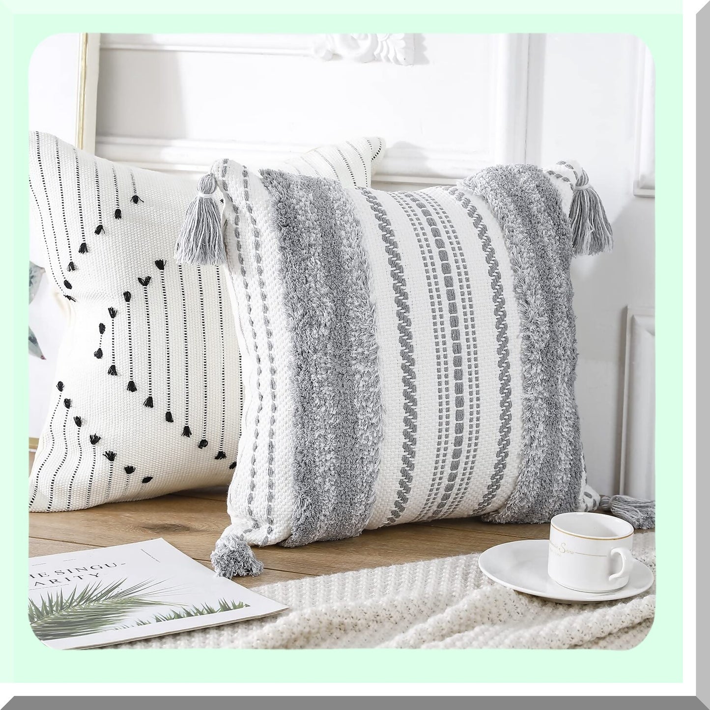 Boho Chic Grey Black Pillowcase Set - Modern Farmhouse Decor Cushion Covers 18x18 for Couch Bed Sofa Living Room - Cute Accent Throw Pillow Covers