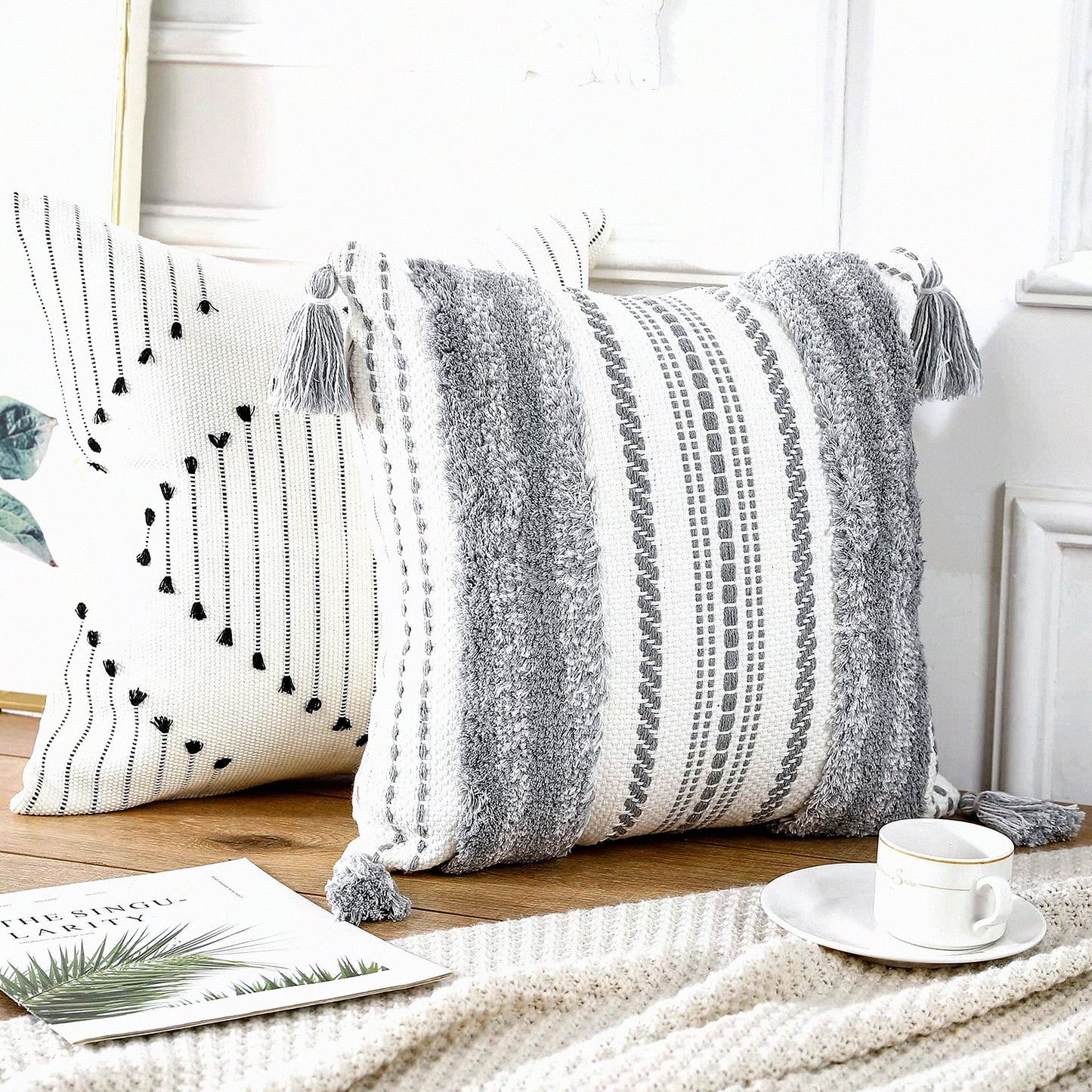 Boho Chic Grey Black Pillowcase Set - Modern Farmhouse Decor Cushion Covers 18x18 for Couch Bed Sofa Living Room - Cute Accent Throw Pillow Covers