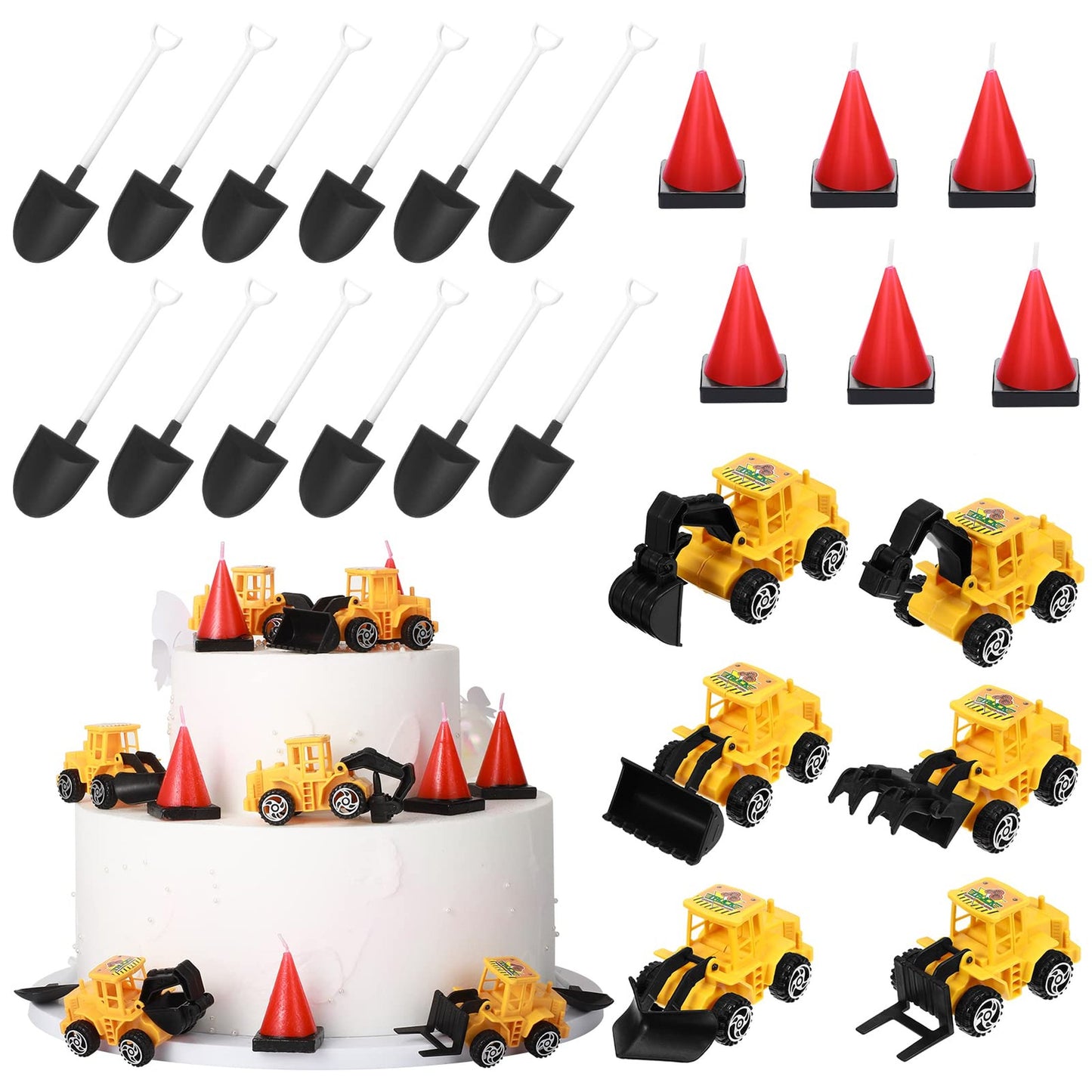 Construction Party Cake Kit - 24 Pcs Set with Vehicles Cake, Cone Candles, Truck Toppers, and Shovel Spoons - Perfect for Kids Birthday Celebration