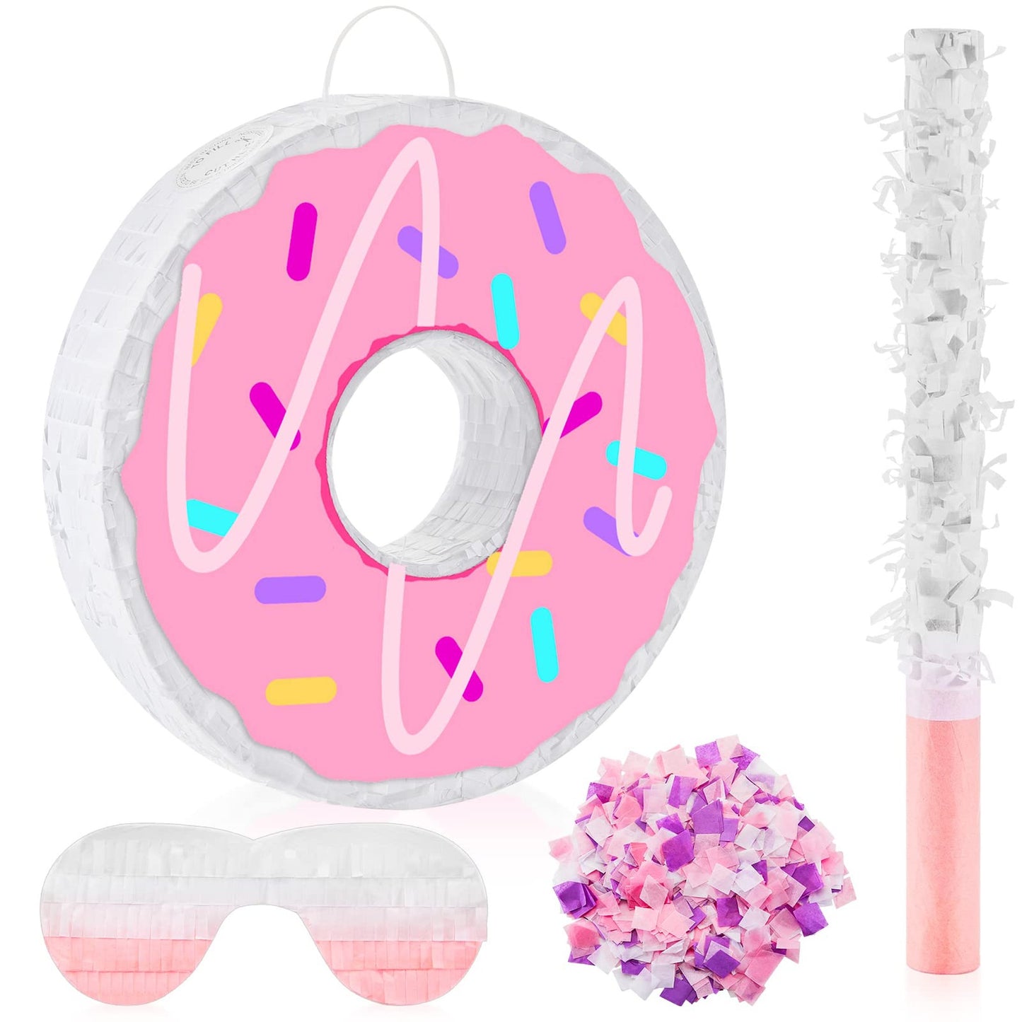 Donut Fiesta Pinata Set - 12.6 Inch Pinata with Stick, Blindfold & Confetti - Birthday Anniversary Celebration Decoration Theme Party Supplies