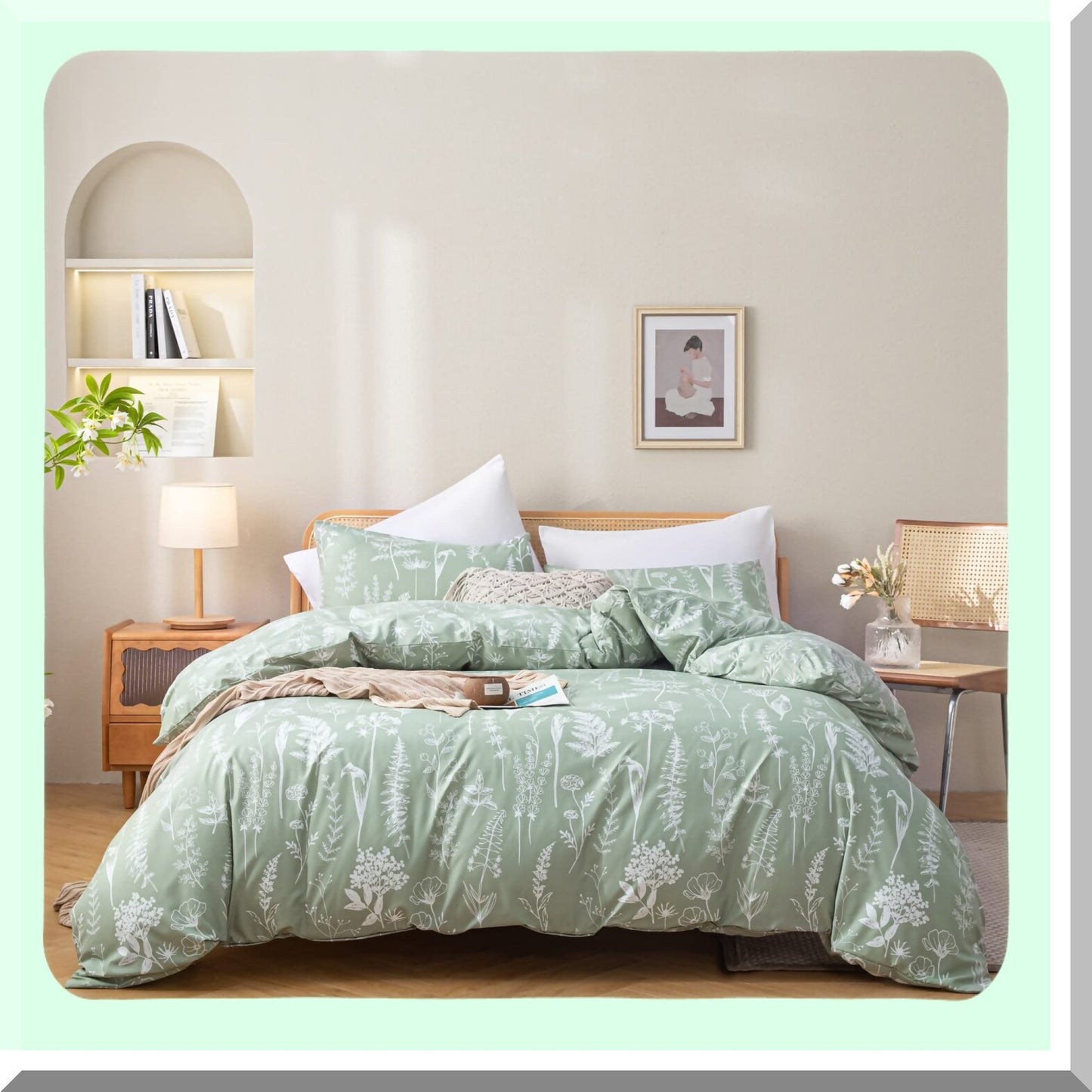 Floral Bliss Sage Green Comforter Set - 3 Piece Bedding Set with Plant Flowers Print, Fluffy and All Season Use - Top Quality Home Decor