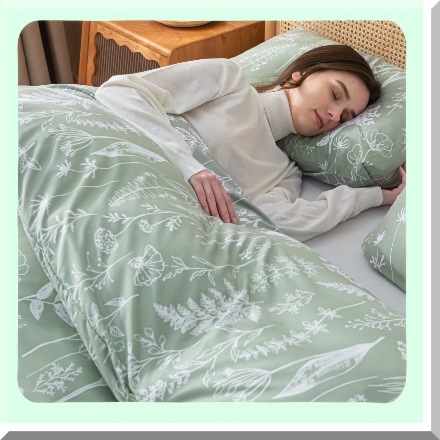 Floral Bliss Sage Green Comforter Set - 3 Piece Bedding Set with Plant Flowers Print, Fluffy and All Season Use - Top Quality Home Decor