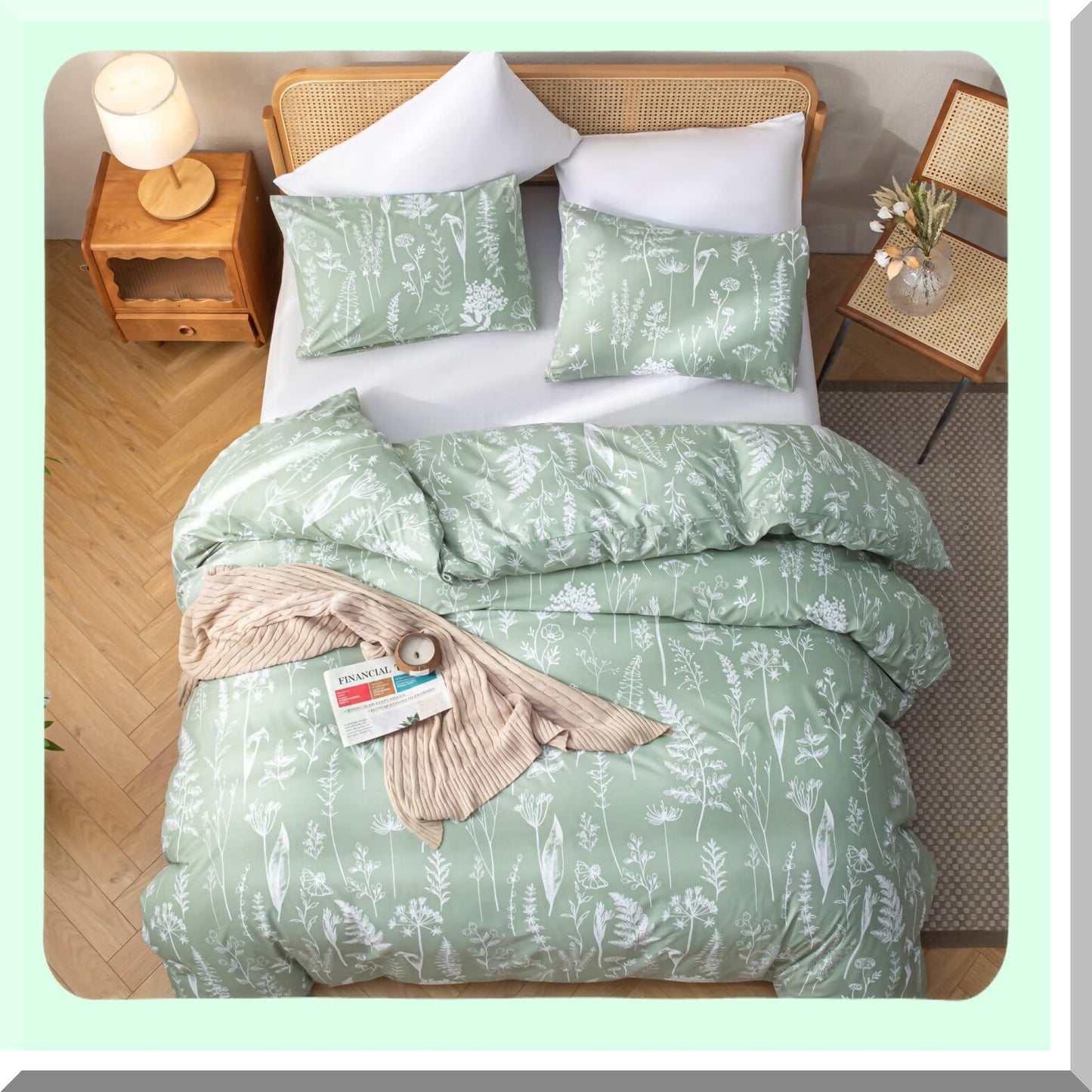 Floral Bliss Sage Green Comforter Set - 3 Piece Bedding Set with Plant Flowers Print, Fluffy and All Season Use - Top Quality Home Decor