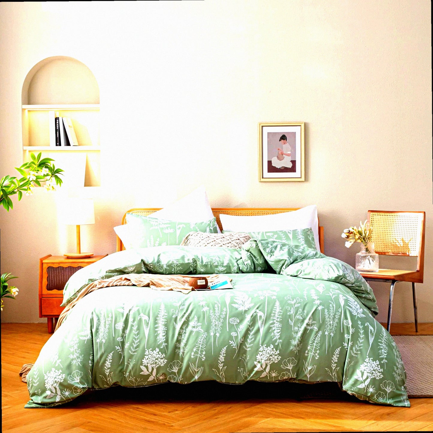 Floral Bliss Sage Green Comforter Set - 3 Piece Bedding Set with Plant Flowers Print, Fluffy and All Season Use - Top Quality Home Decor