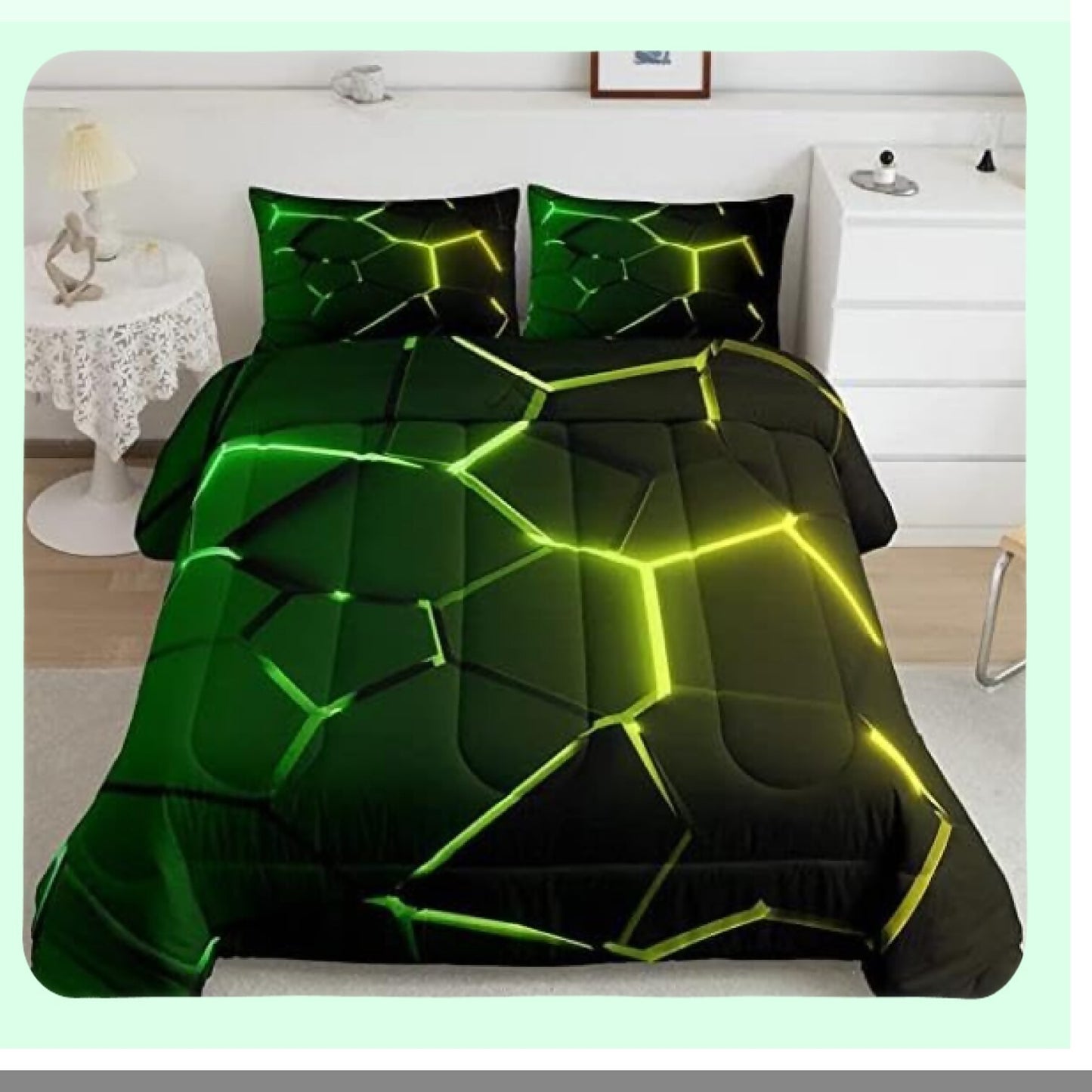Neon Hexagon Geometry Comforter Set - Premium 5-Piece Bedding for Teen Girls, Boys, and Adults - Queen Size Green Yellow - Soft and Stylish