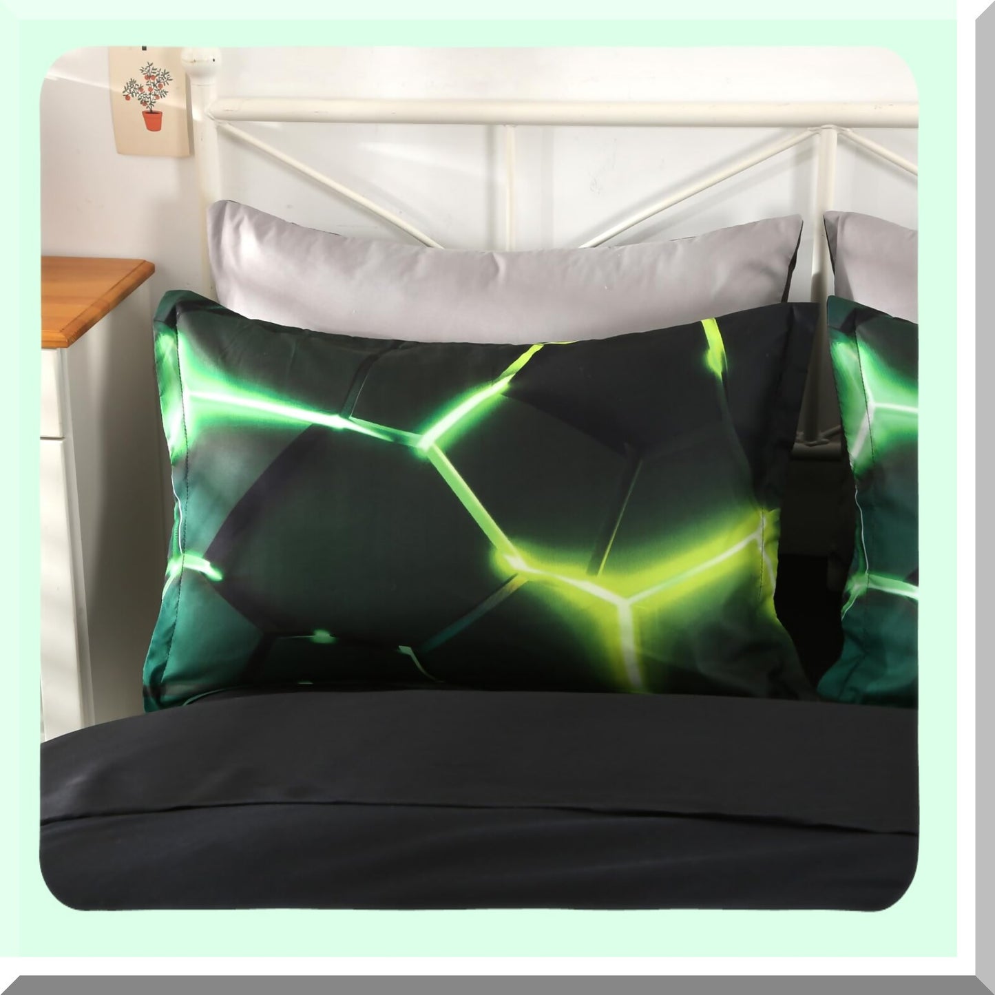 Neon Hexagon Geometry Comforter Set - Premium 5-Piece Bedding for Teen Girls, Boys, and Adults - Queen Size Green Yellow - Soft and Stylish