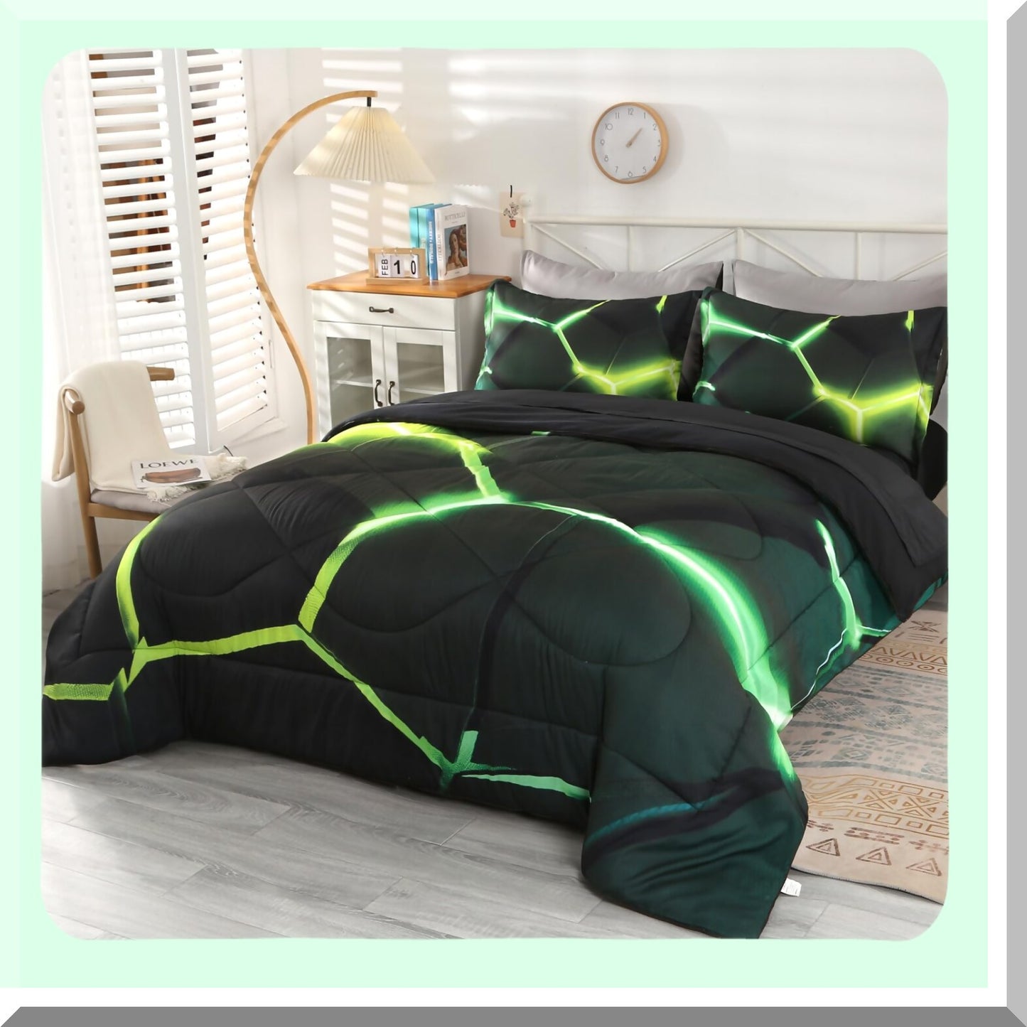 Neon Hexagon Geometry Comforter Set - Premium 5-Piece Bedding for Teen Girls, Boys, and Adults - Queen Size Green Yellow - Soft and Stylish