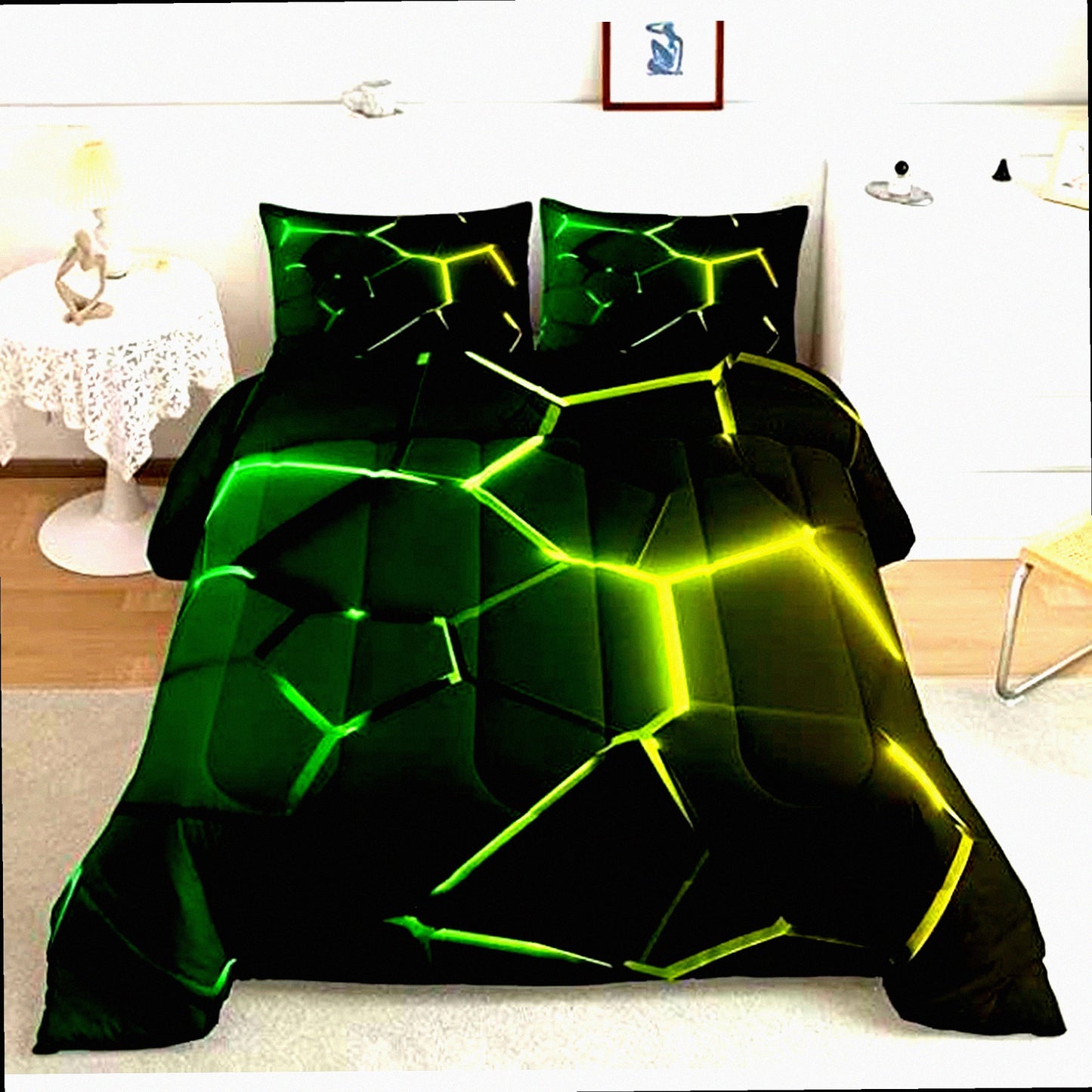 Neon Hexagon Geometry Comforter Set - Premium 5-Piece Bedding for Teen Girls, Boys, and Adults - Queen Size Green Yellow - Soft and Stylish