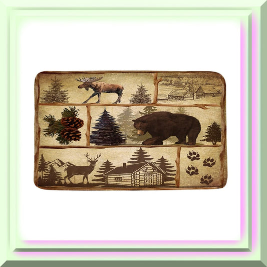 Rustic Bear Moose Bath Mat Vintage Cabin Forest