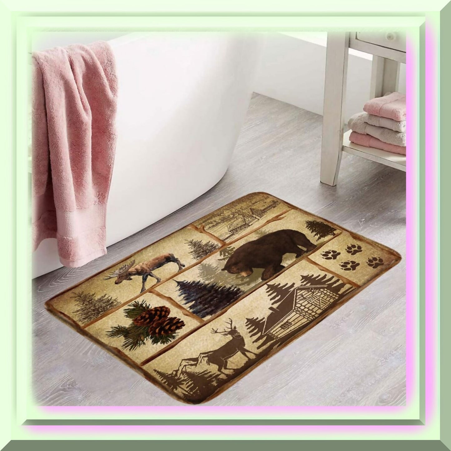Rustic Bear Moose Bath Mat Vintage Cabin Forest