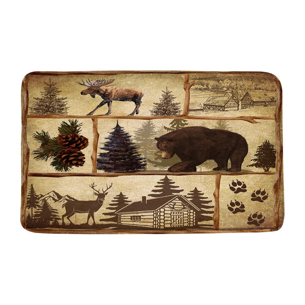 Rustic Bear Moose Bath Mat Vintage Cabin Forest