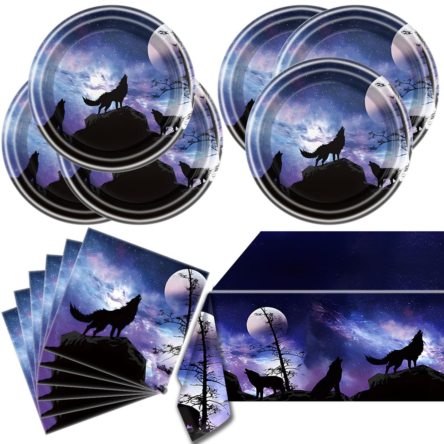 Wolf Pack Party Tableware Set - 20 Plates, 20 Napkins, Tablecloth 86' x 51' - Complete Wolf Party Decor Supplies - Howling Good Time Kit