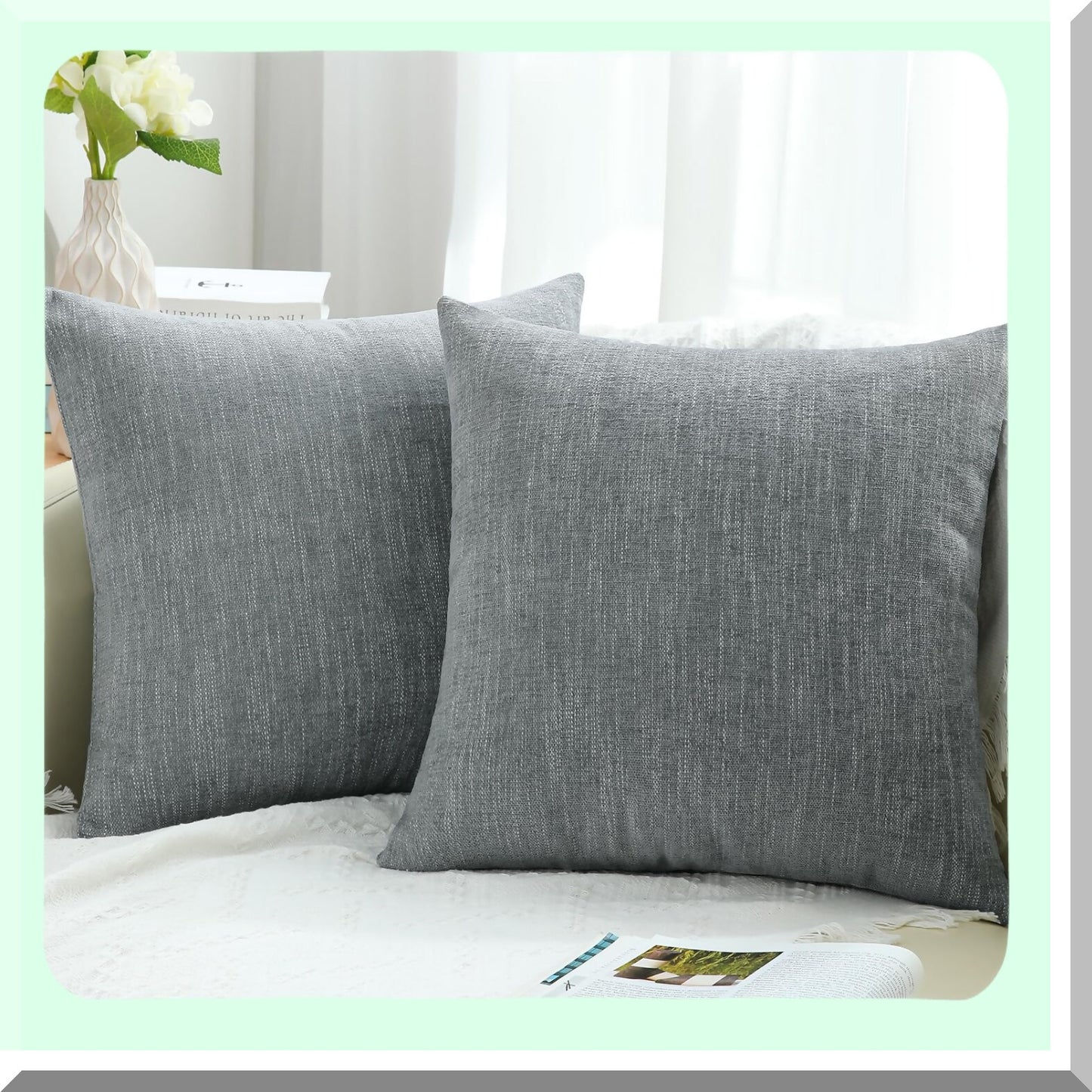 Farmhouse Chenille Textured Pillow Covers - Set of 2, 22x22 Square Decorative Throw Pillow Covers for Couch, Sofa, Bed - Grey Living Room Décor