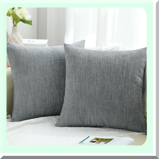Farmhouse Chenille Textured Pillow Covers - Set of 2, 22x22 Square Decorative Throw Pillow Covers for Couch, Sofa, Bed - Grey Living Room Décor