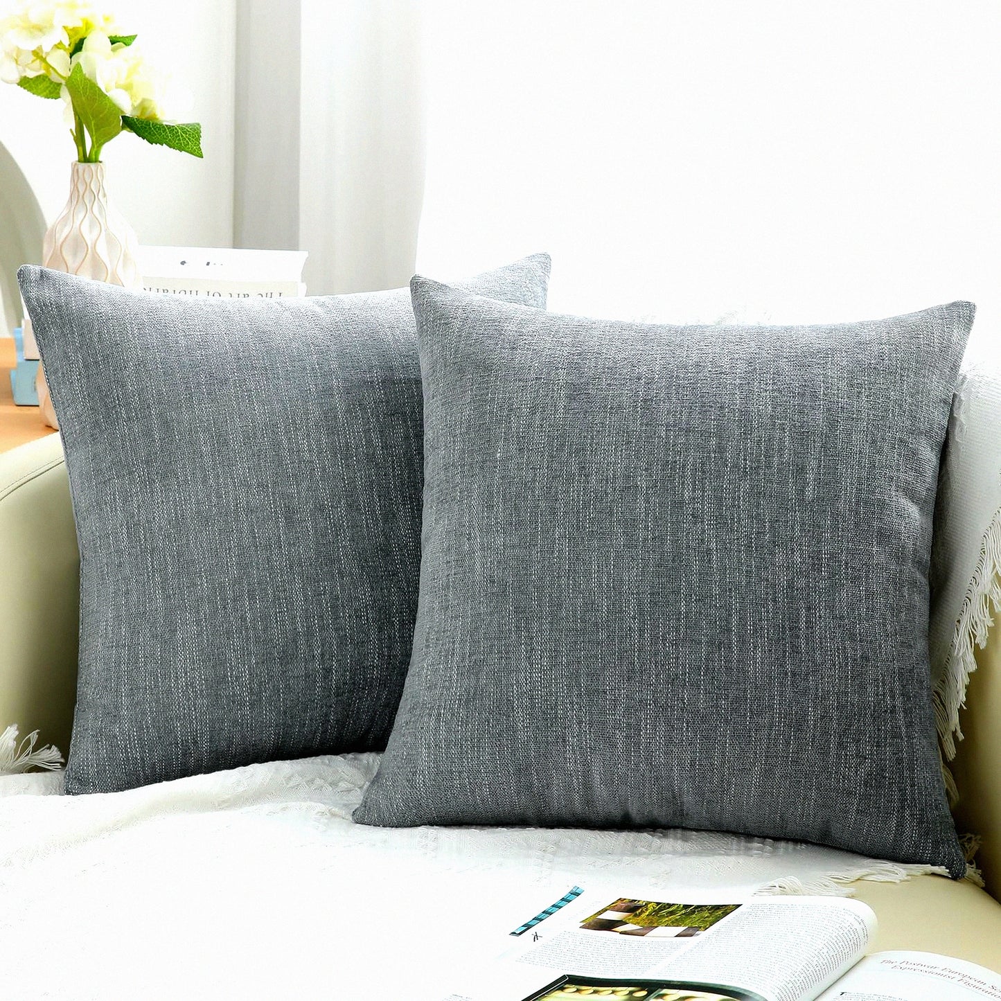 Farmhouse Chenille Textured Pillow Covers - Set of 2, 22x22 Square Decorative Throw Pillow Covers for Couch, Sofa, Bed - Grey Living Room Décor