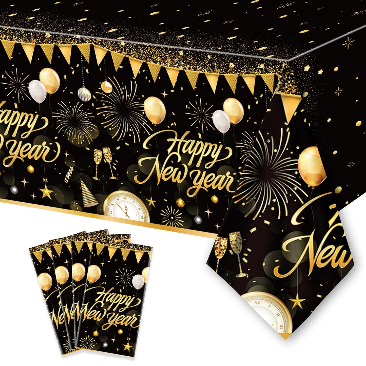 Black Gold NYE Party Tablecloth Set - 4PCS Disposable Rectangular Plastic Table Cover Decorations for Birthday & New Year Theme Party Supplies, 108 x 54