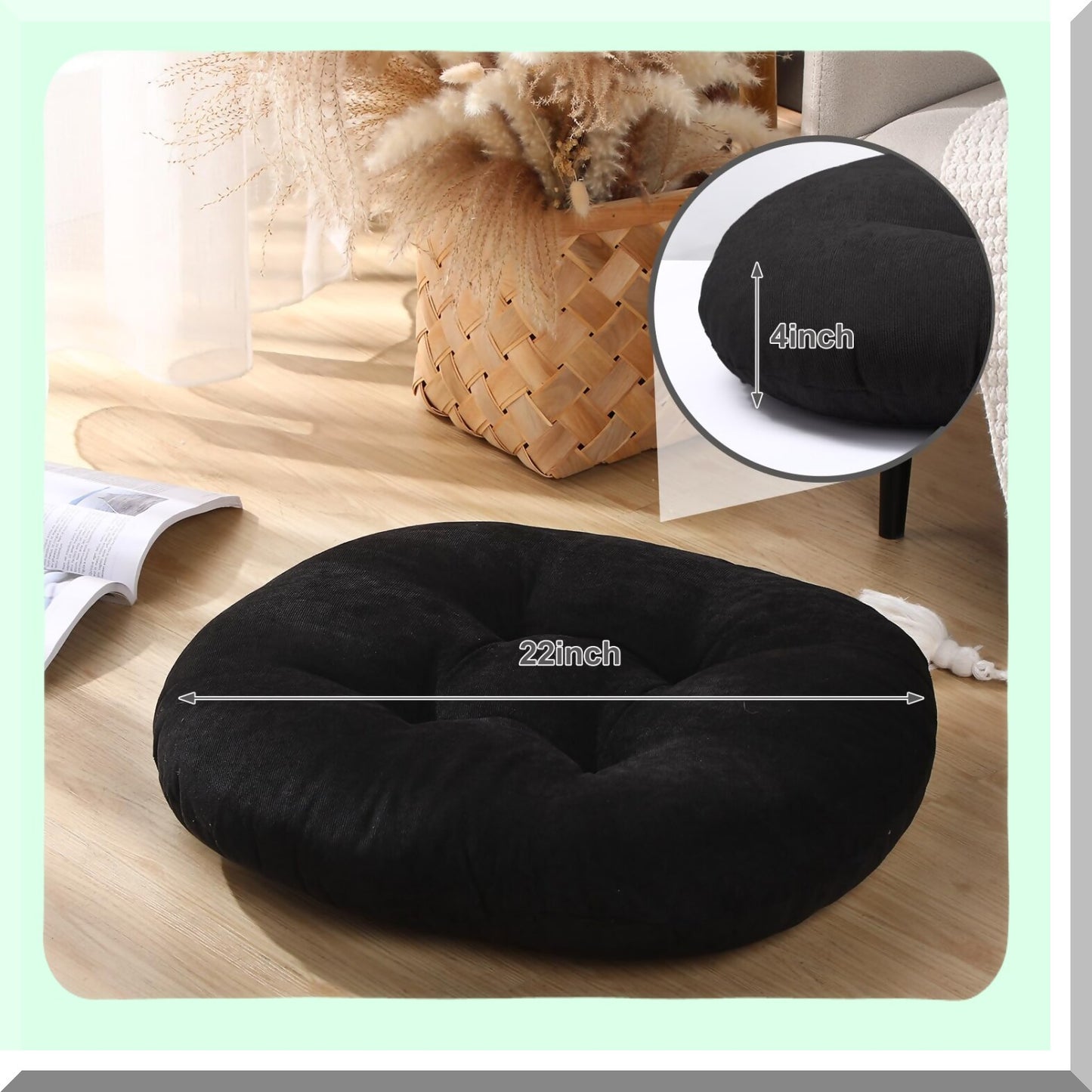 22-Inch Round Corduroy Floor Cushions - Set of 2 | Large Circle Chair Pillows for Tatami Sofa, Living Room, Outdoor Seating | Black Round Cushion for Floor Sitting