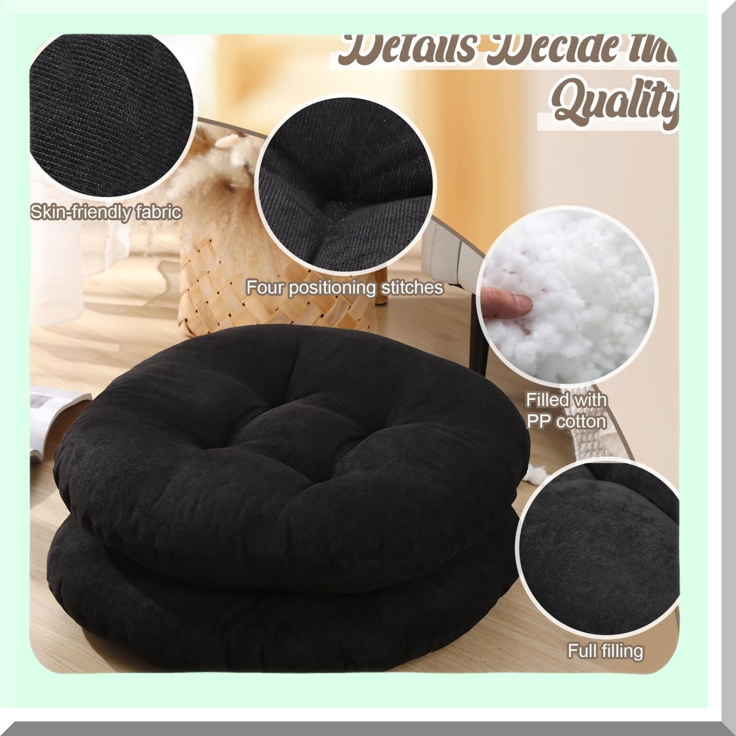 22-Inch Round Corduroy Floor Cushions - Set of 2 | Large Circle Chair Pillows for Tatami Sofa, Living Room, Outdoor Seating | Black Round Cushion for Floor Sitting