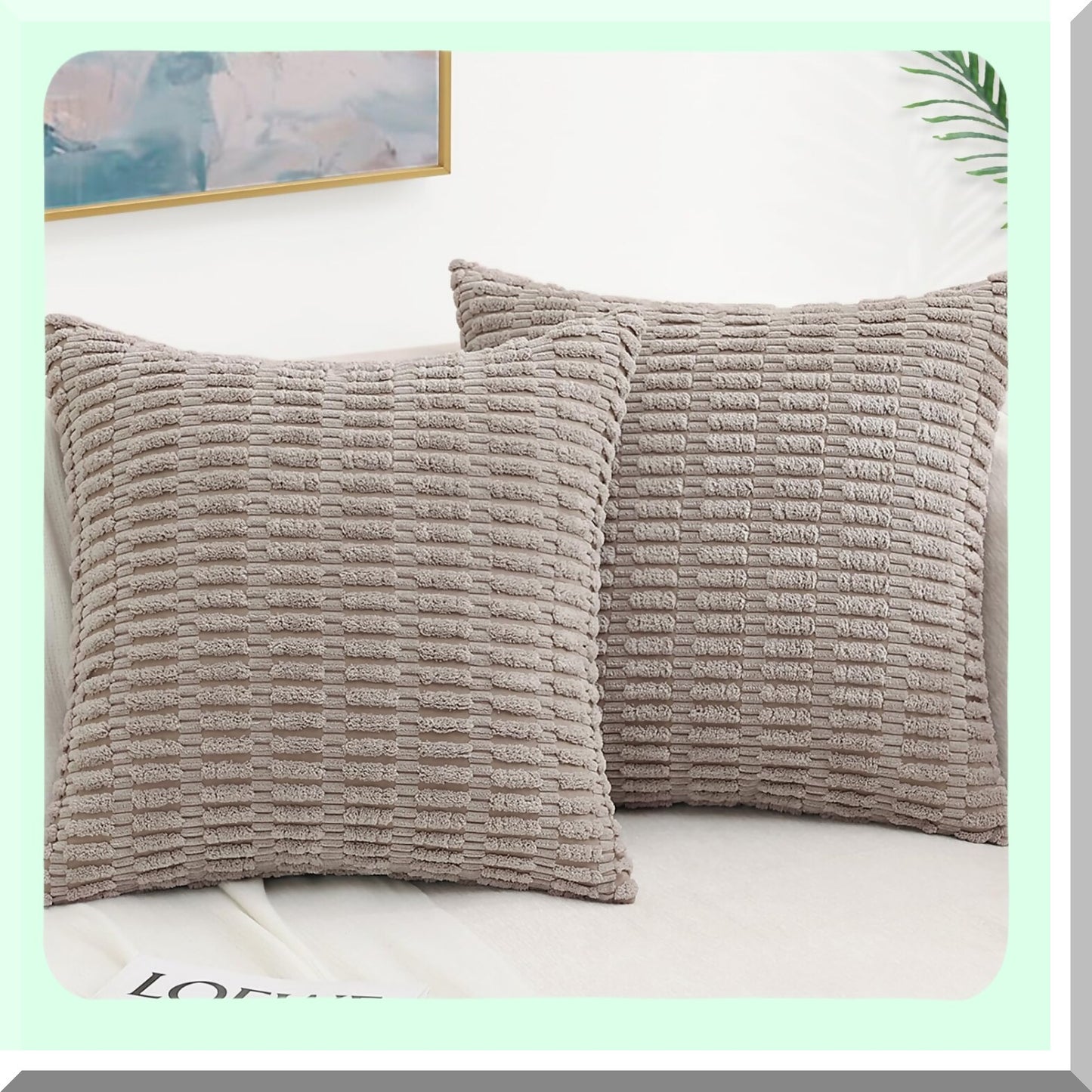 Striped Corduroy Khaki Pillow Covers - Set of 2, 26x26 Square Throw Pillow Cases for Couch, Living Room, Bed, Sofa - Modern Farmhouse Boho Home Decor Accent