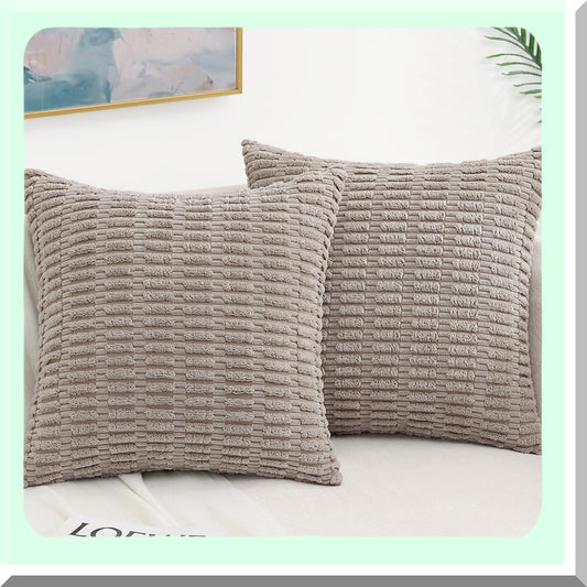 Striped Corduroy Khaki Pillow Covers - Set of 2, 26x26 Square Throw Pillow Cases for Couch, Living Room, Bed, Sofa - Modern Farmhouse Boho Home Decor Accent