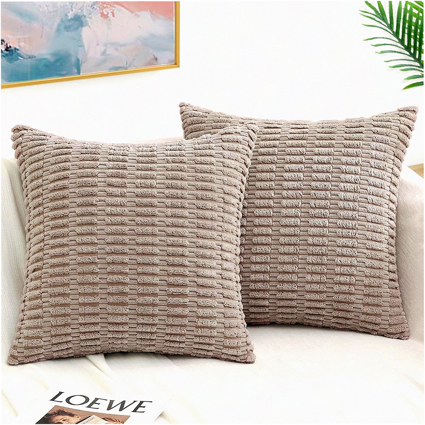 Striped Corduroy Khaki Pillow Covers - Set of 2, 26x26 Square Throw Pillow Cases for Couch, Living Room, Bed, Sofa - Modern Farmhouse Boho Home Decor Accent