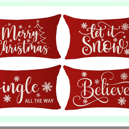 Winter Wonderland Festive Pillow Covers - Snowflake Decor Let It Snow Jingle All The Way Believe Lumbar Cushion Case for Sofa Home Decor - 12x20 Inches Cream and Red Cotton Linen