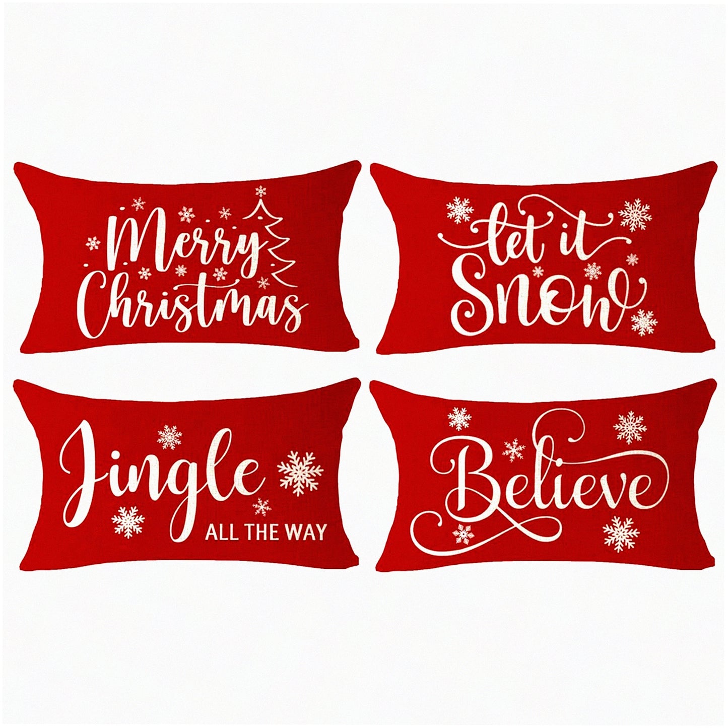 Winter Wonderland Festive Pillow Covers - Snowflake Decor Let It Snow Jingle All The Way Believe Lumbar Cushion Case for Sofa Home Decor - 12x20 Inches Cream and Red Cotton Linen