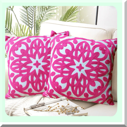 Boho Chic Cotton Pillow Covers - Set of 2, Embroidered Knit Pattern, 18"x18", Vivid Hot Pink, Sofa Couch Decor, Durable Cushion Cases, Living Room Accents