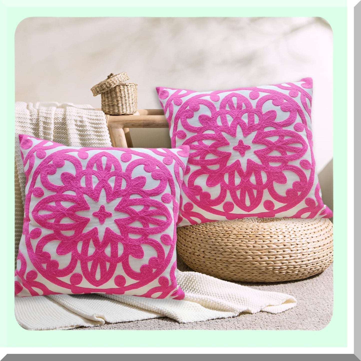 Boho Chic Cotton Pillow Covers - Set of 2, Embroidered Knit Pattern, 18"x18", Vivid Hot Pink, Sofa Couch Decor, Durable Cushion Cases, Living Room Accents