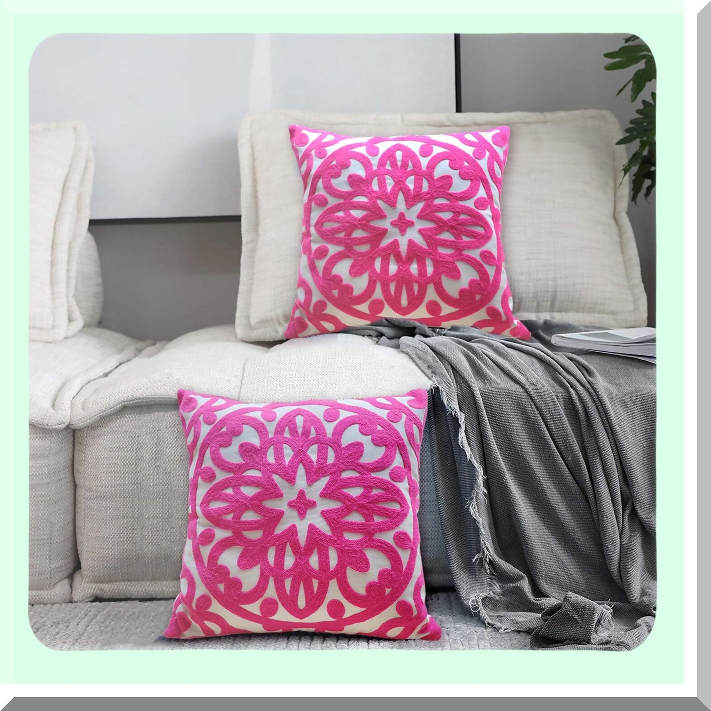 Boho Chic Cotton Pillow Covers - Set of 2, Embroidered Knit Pattern, 18"x18", Vivid Hot Pink, Sofa Couch Decor, Durable Cushion Cases, Living Room Accents