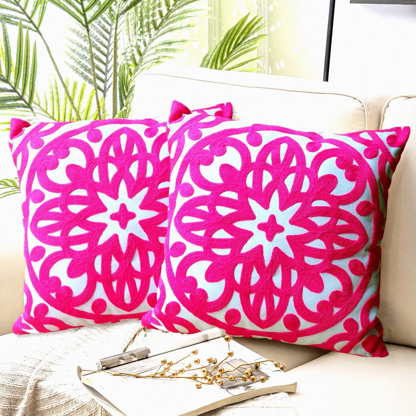 Boho Chic Cotton Pillow Covers - Set of 2, Embroidered Knit Pattern, 18"x18", Vivid Hot Pink, Sofa Couch Decor, Durable Cushion Cases, Living Room Accents
