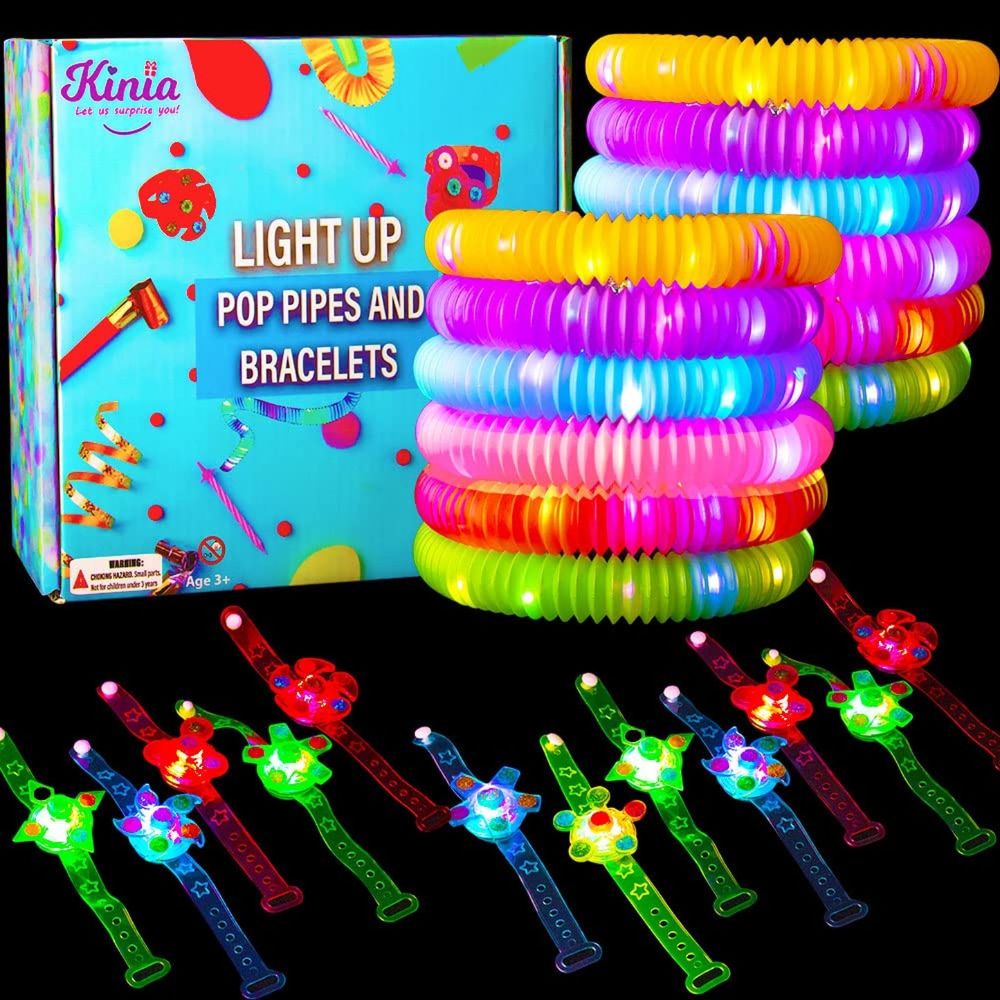 Glow Party Pack - 24 LED Light Up Glow Sticks & Wristbands for Kids - Pop It Tubes & Party Favors - Glow in The Dark Fun for Everyone!