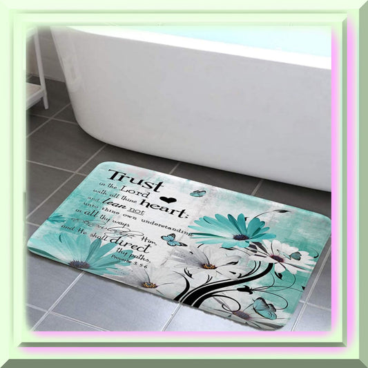 Rustic Farmhouse Teal Daisy Bathroom Rug 17x29