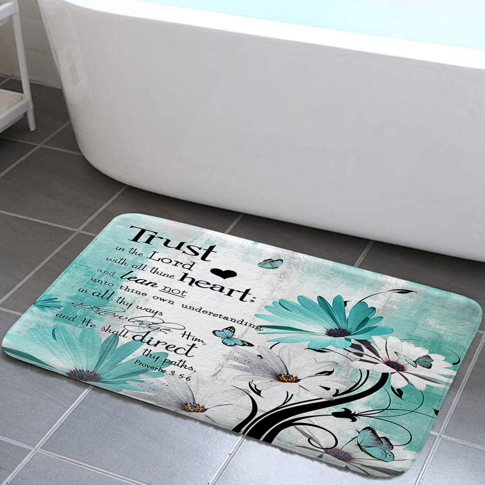 Rustic Farmhouse Teal Daisy Bathroom Rug 17x29
