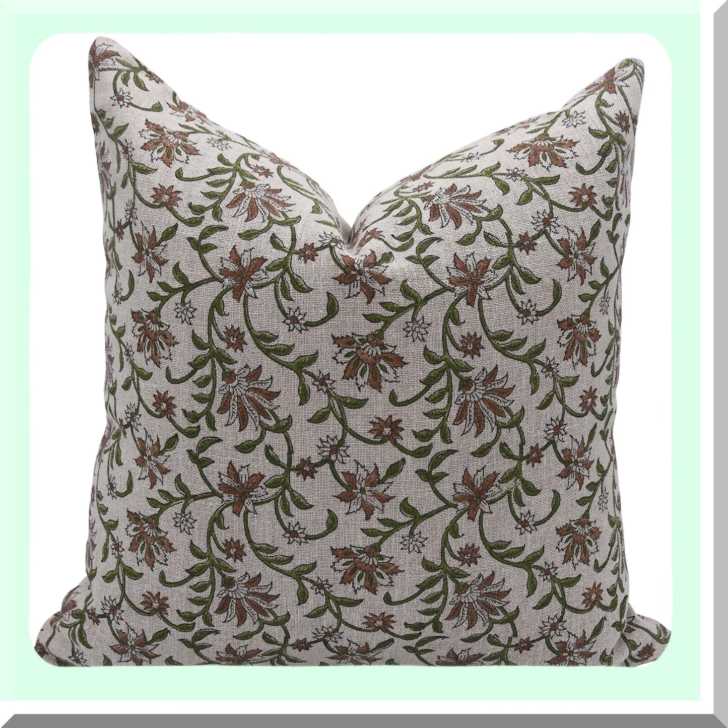Boho Bloom Linen Cushion Cover - Floral Print Throw Pillow, Thick & Green Design (18x18 Inch) - Decorative Home Accent for ADN