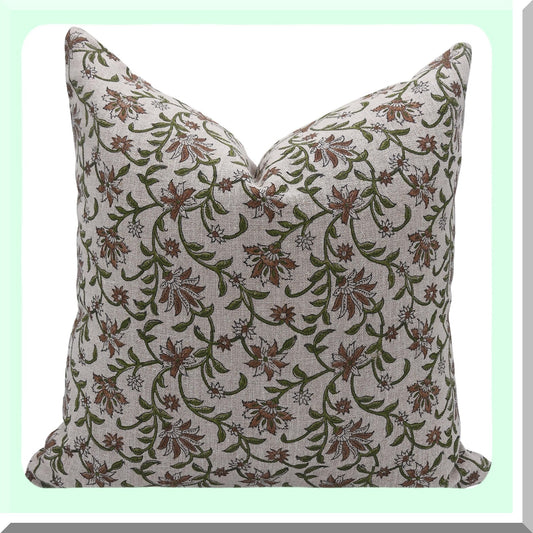 Boho Bloom Linen Cushion Cover - Floral Print Throw Pillow, Thick & Green Design (18x18 Inch) - Decorative Home Accent for ADN