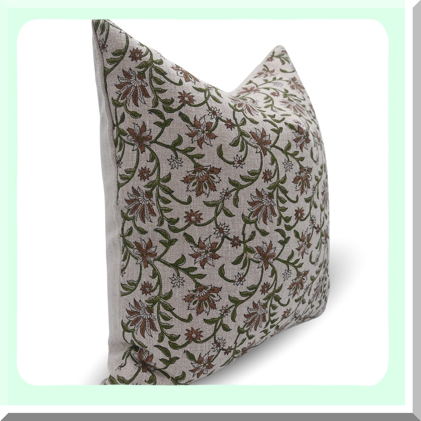 Boho Bloom Linen Cushion Cover - Floral Print Throw Pillow, Thick & Green Design (18x18 Inch) - Decorative Home Accent for ADN