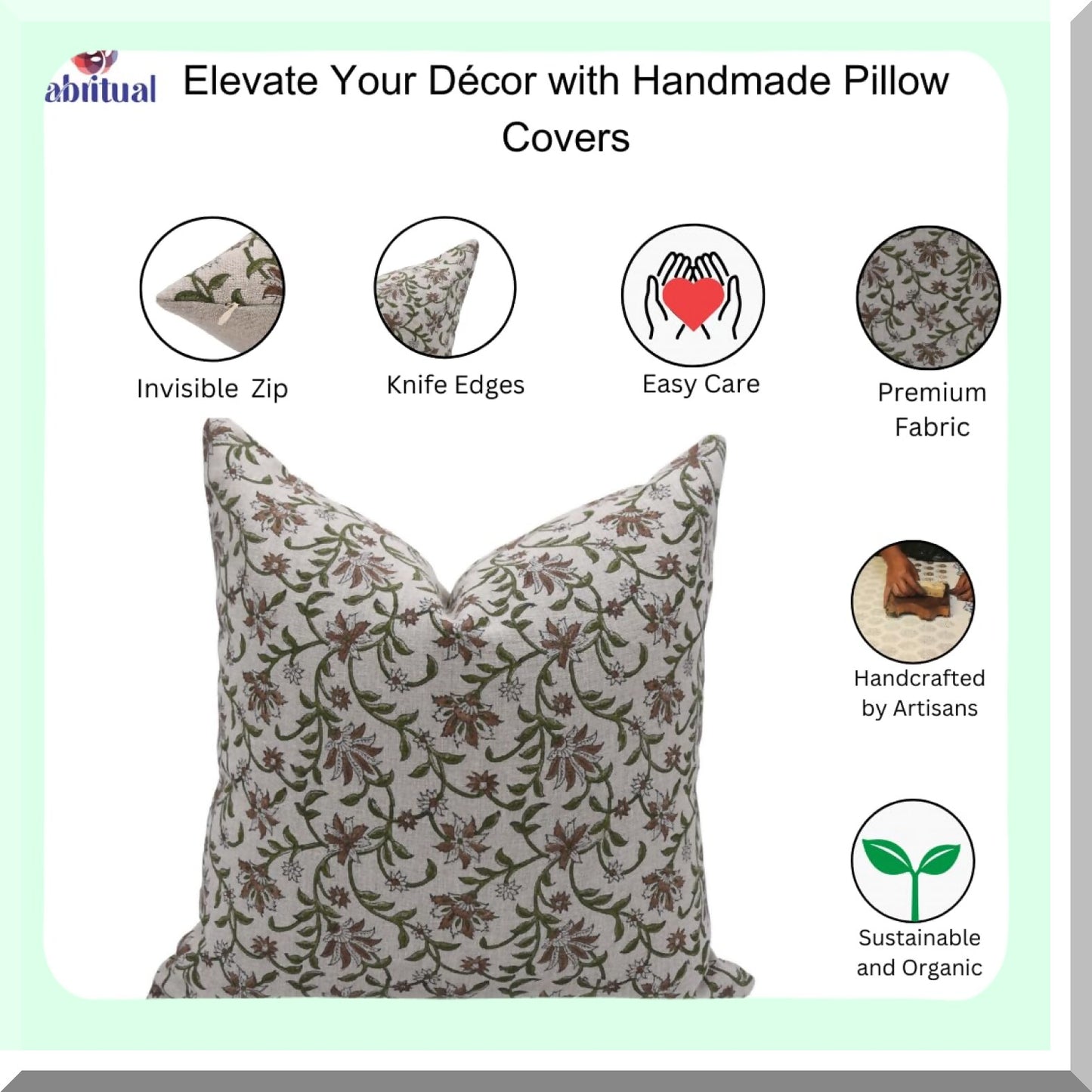 Boho Bloom Linen Cushion Cover - Floral Print Throw Pillow, Thick & Green Design (18x18 Inch) - Decorative Home Accent for ADN