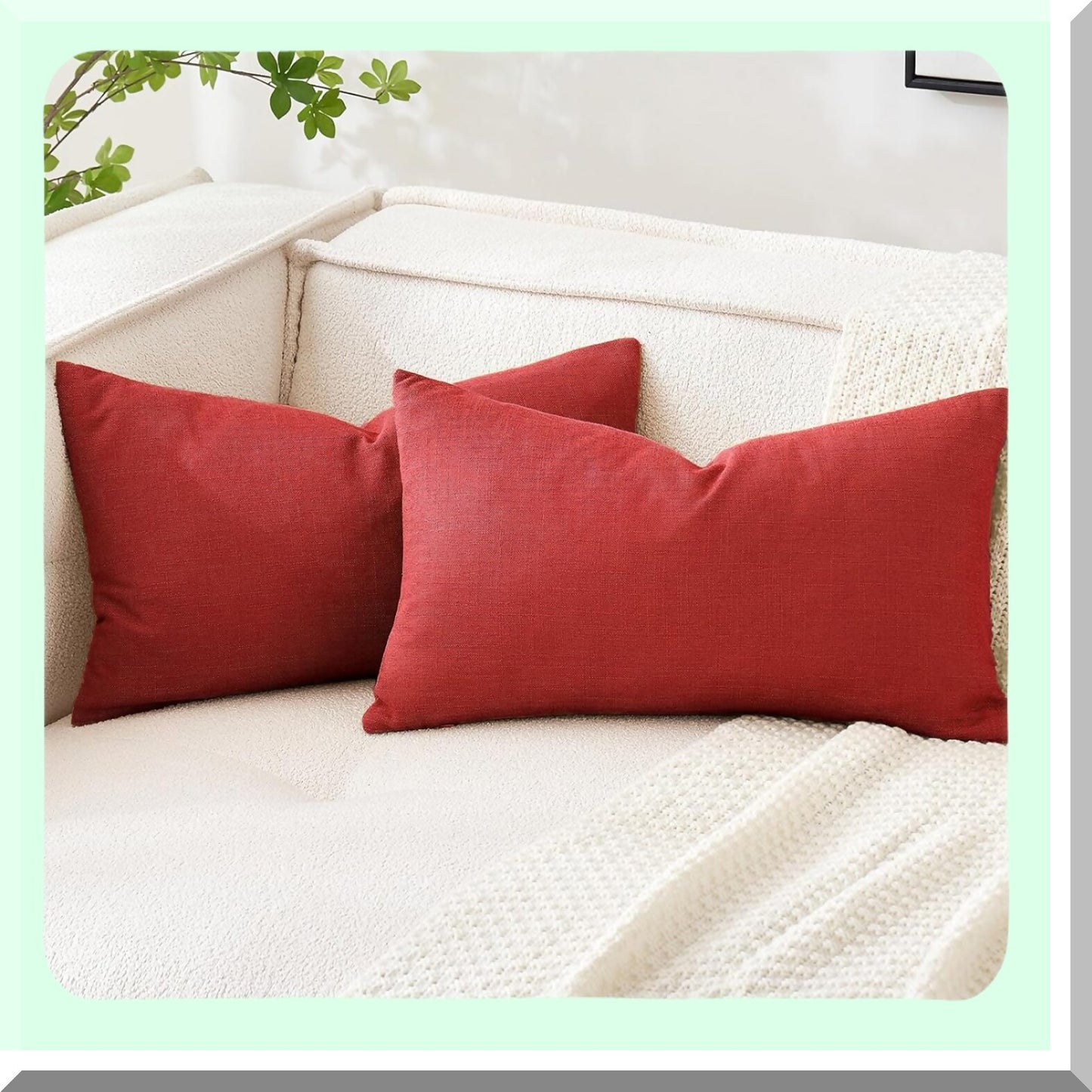 Farmhouse Linen Burlap Rectangular Throw Pillow Covers - Set of 2 Modern Solid Cushion Cases for Sofa, Car, Couch - 12x20 Inch Red Decorative Pillowcases