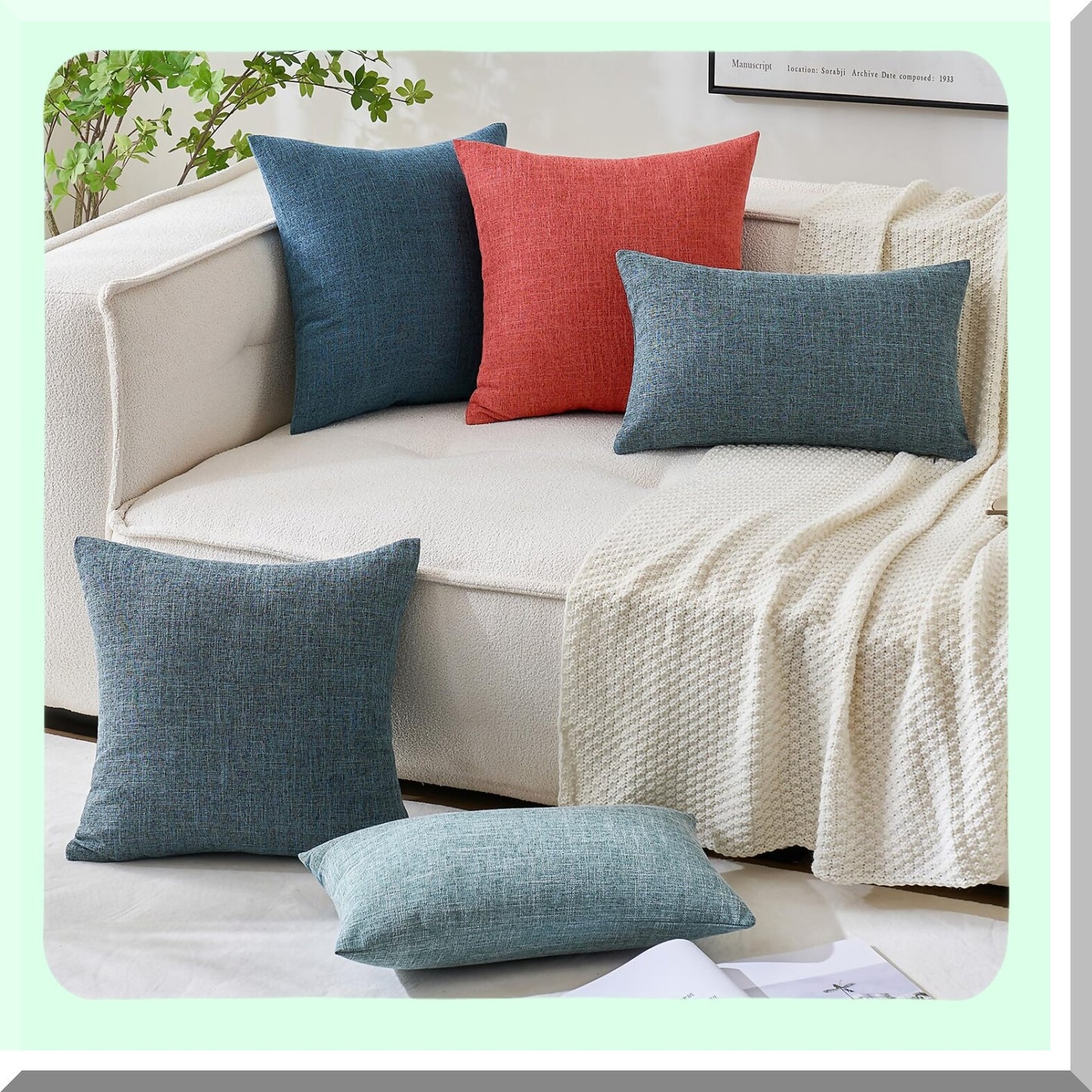 Farmhouse Linen Burlap Rectangular Throw Pillow Covers - Set of 2 Modern Solid Cushion Cases for Sofa, Car, Couch - 12x20 Inch Red Decorative Pillowcases