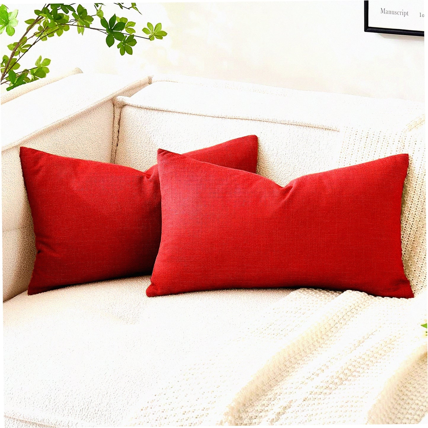 Farmhouse Linen Burlap Rectangular Throw Pillow Covers - Set of 2 Modern Solid Cushion Cases for Sofa, Car, Couch - 12x20 Inch Red Decorative Pillowcases