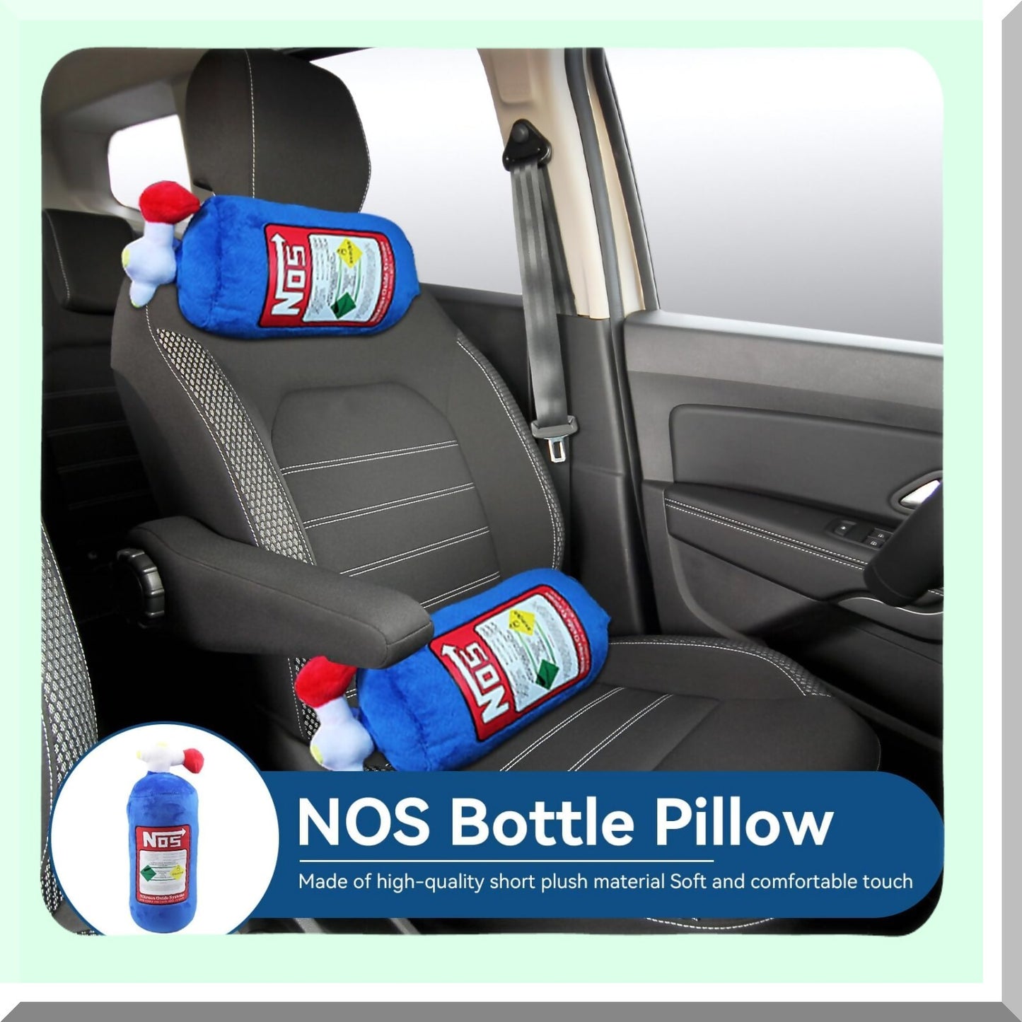 Plush Neck Support Pillow - Comfortable Car Headrest Cushion for Travel & Office Chair - NOS Bottle Design - 11 x 4.7in - Car Seat Pillow