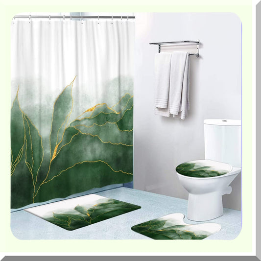 4 Pcs Green Shower Curtain Set with Rugs and Accessories