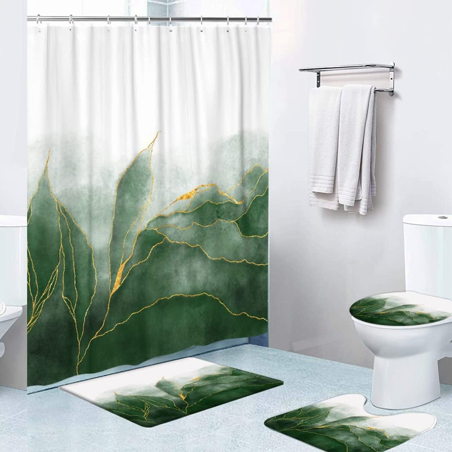 4 Pcs Green Shower Curtain Set with Rugs and Accessories