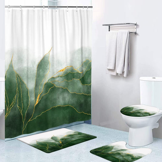 4 Pcs Green Waterproof Shower Curtain Set with Rugs