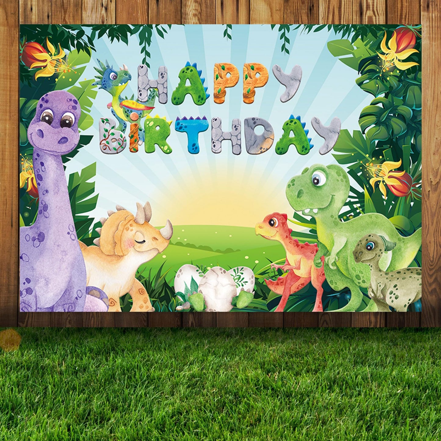 Dino Jungle Party Backdrop - Colorful Dinosaur Birthday Decorations & Banner for Kids - Large Photography Supplies - 7x5ft Theme Backdrop