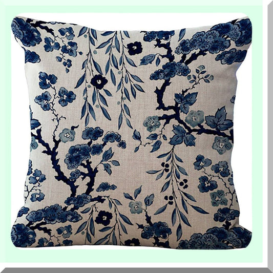 Chinese Floral Linen Cushion Cover - Blue & White Porcelain Throw Pillowcase for Kitchen Decor - Cotton Pillowslip Square - 18 X 18''