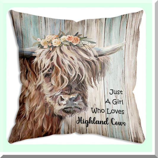 Highland Cow Lover's Vintage Farmhouse Throw Pillow Cover - Country Art Decor for Home Gifts - 18x18 Inch