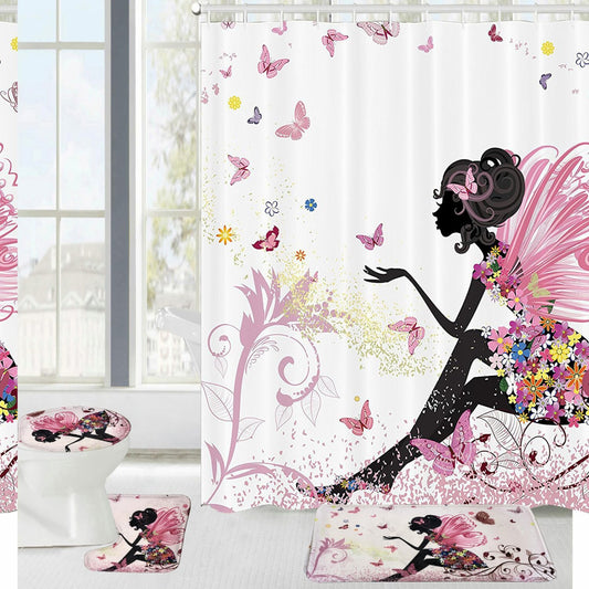 4PCS Flower Fairy Girl Shower Curtain Set with Bath Mat